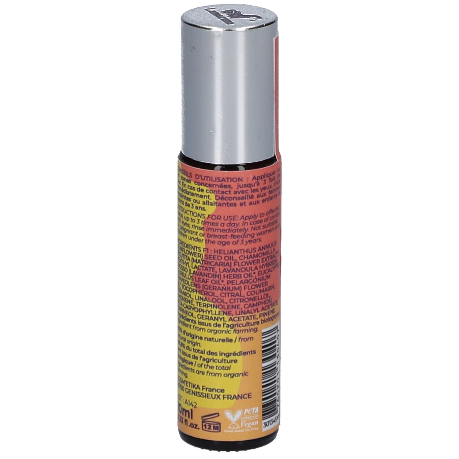 Flacon roll-on avec bouchon argenté. Dos avec texte. Contient des ingrédients et des instructions d'utilisation. Avec logo.