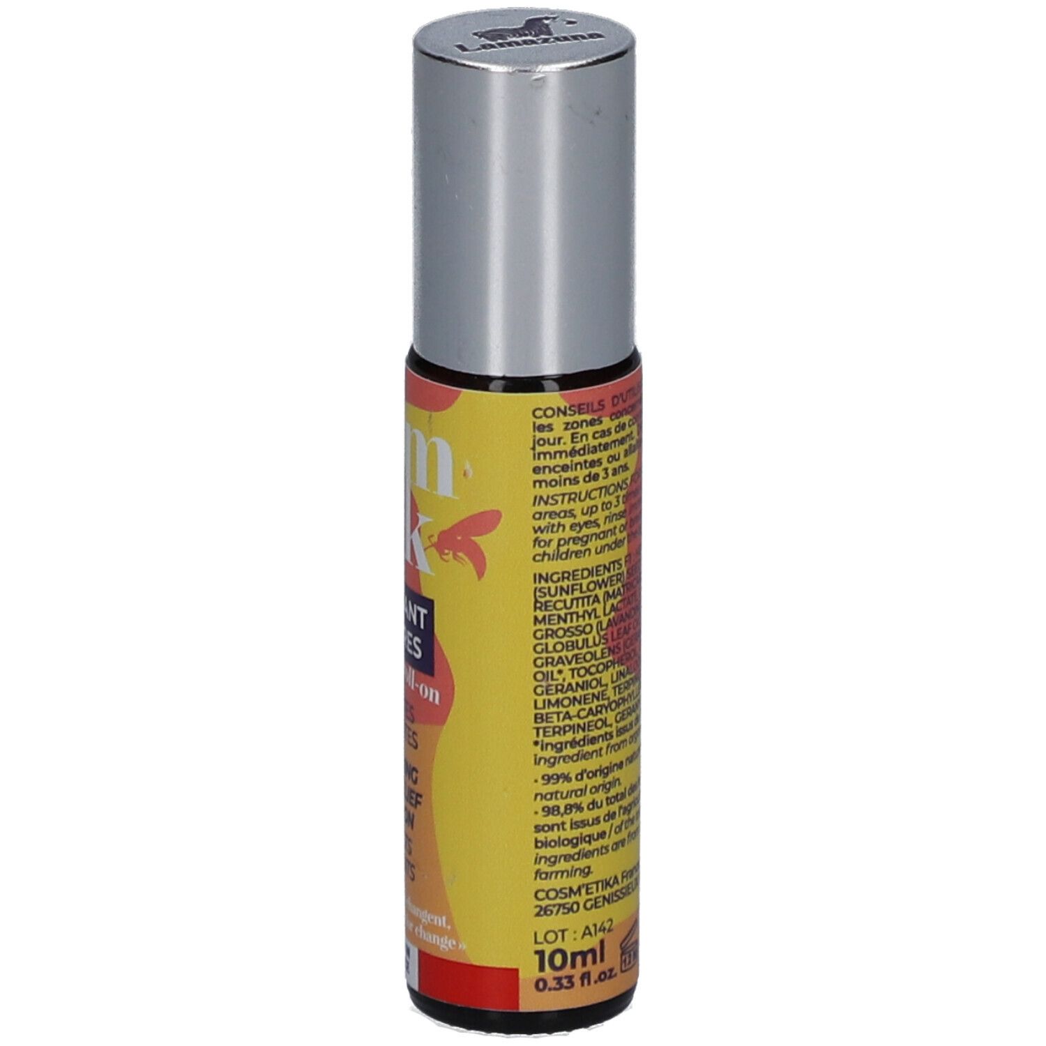 Flacon roll-on avec bouchon argenté. Inscription "Calm Pik". Contient des ingrédients et des instructions d'utilisation. 10ml.