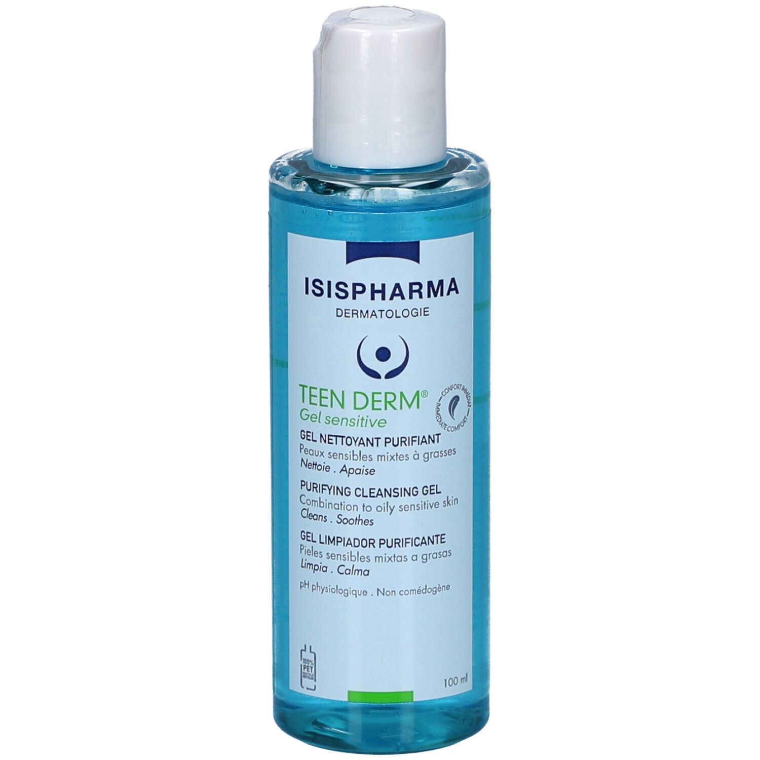 Flacon bleu avec bouchon blanc. Inscription: ISISPHARMA, Teen Derm. Gel nettoyant purifiant.