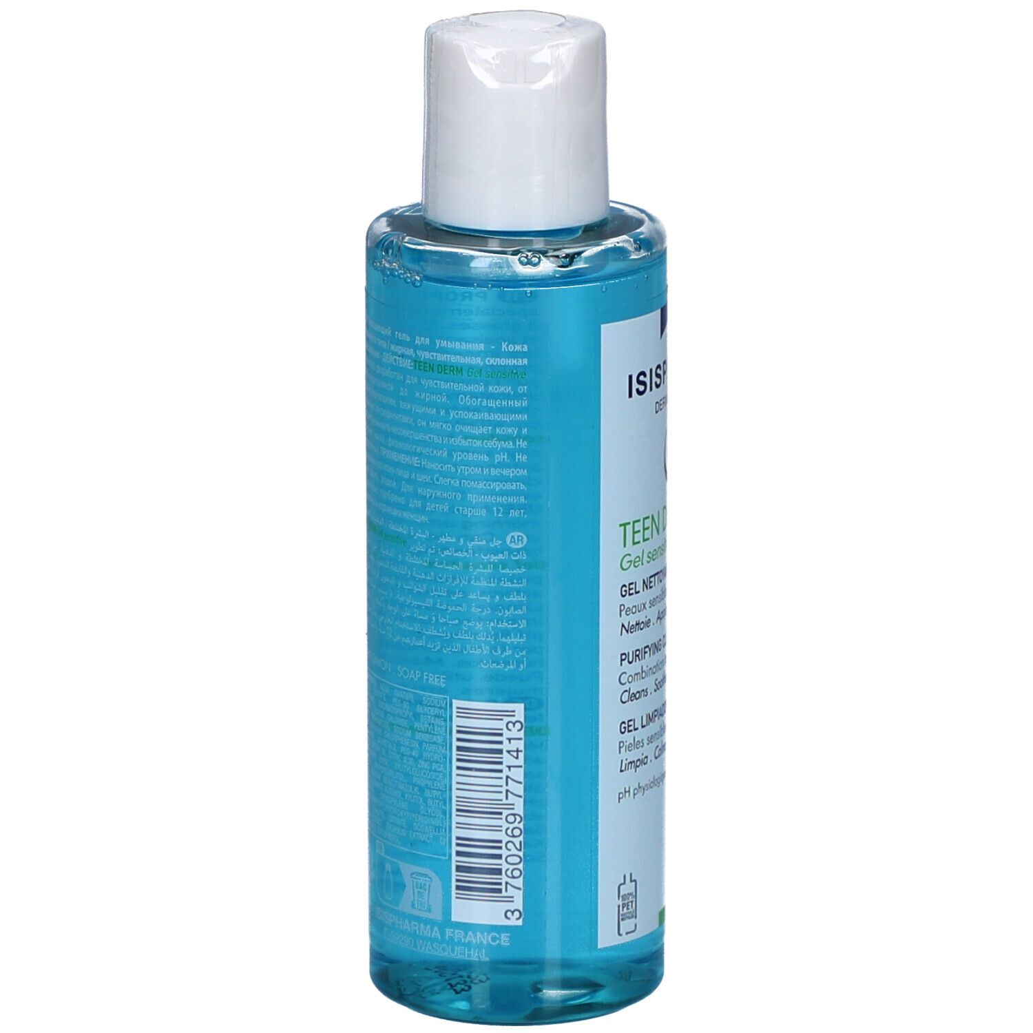 Dos du flacon bleu avec bouchon blanc. Texte multilingue. ISISPHARMA, Teen Derm.