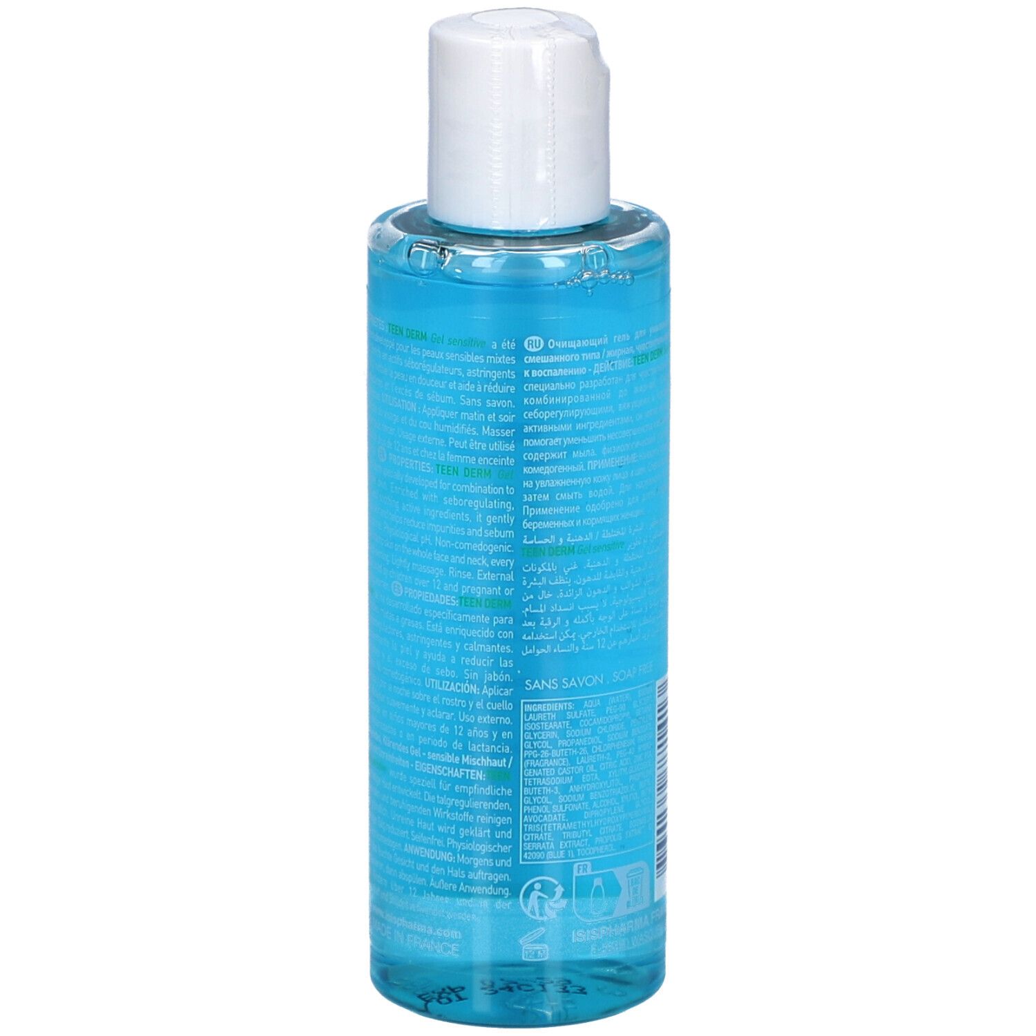Dos du flacon bleu avec bouchon blanc. Texte multilingue. ISISPHARMA, Teen Derm.