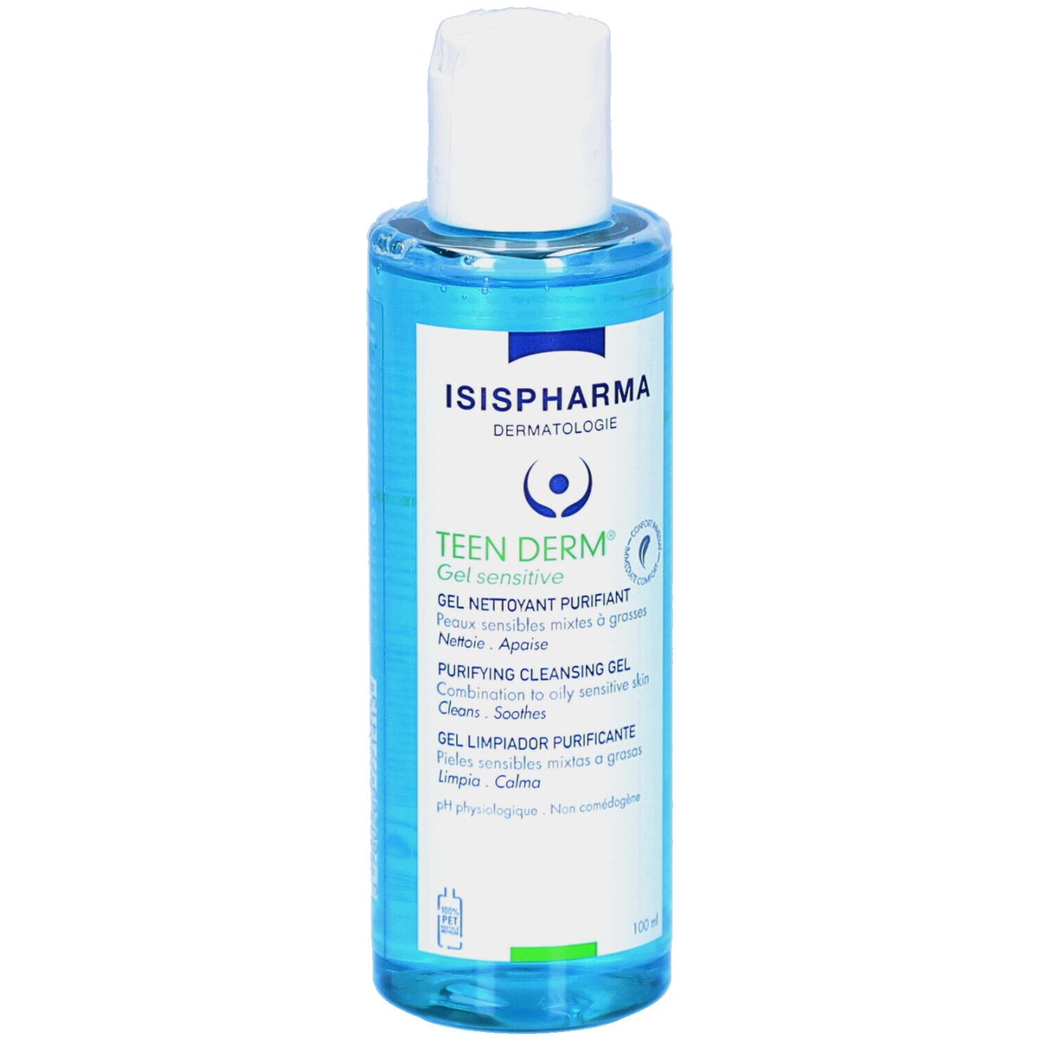 Flacon bleu avec bouchon blanc. Inscription: ISISPHARMA, Teen Derm. Gel nettoyant purifiant.