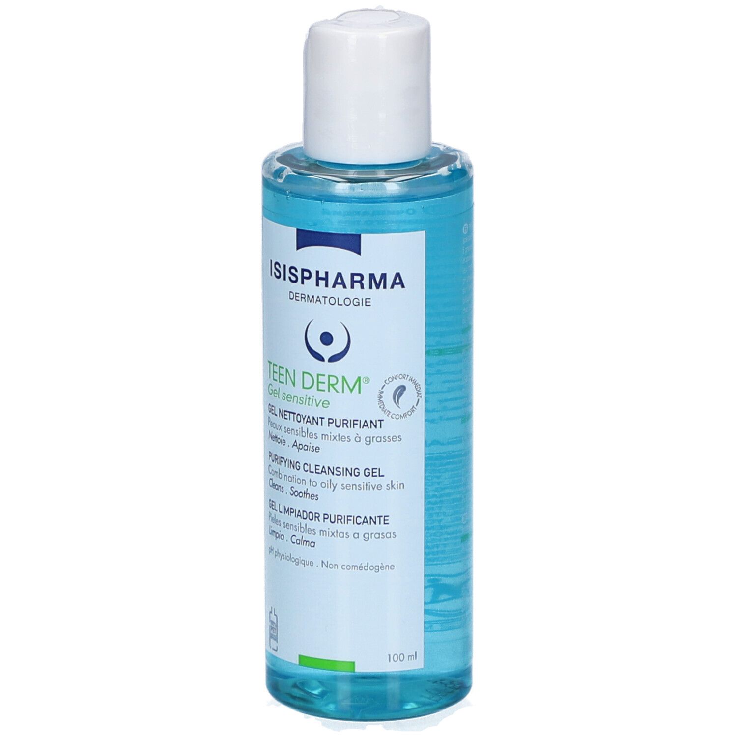 Flacon bleu avec bouchon blanc. Inscription: ISISPHARMA, Teen Derm. Gel nettoyant purifiant.