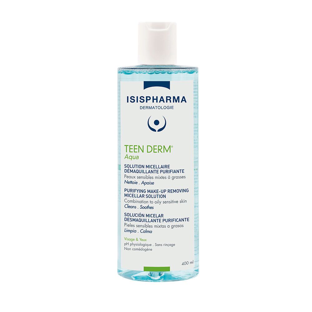 Flacon transparent avec bouchon blanc. Inscriptions: ISISPHARMA, Teen Derm Aqua. Description du produit en plusieurs langues.