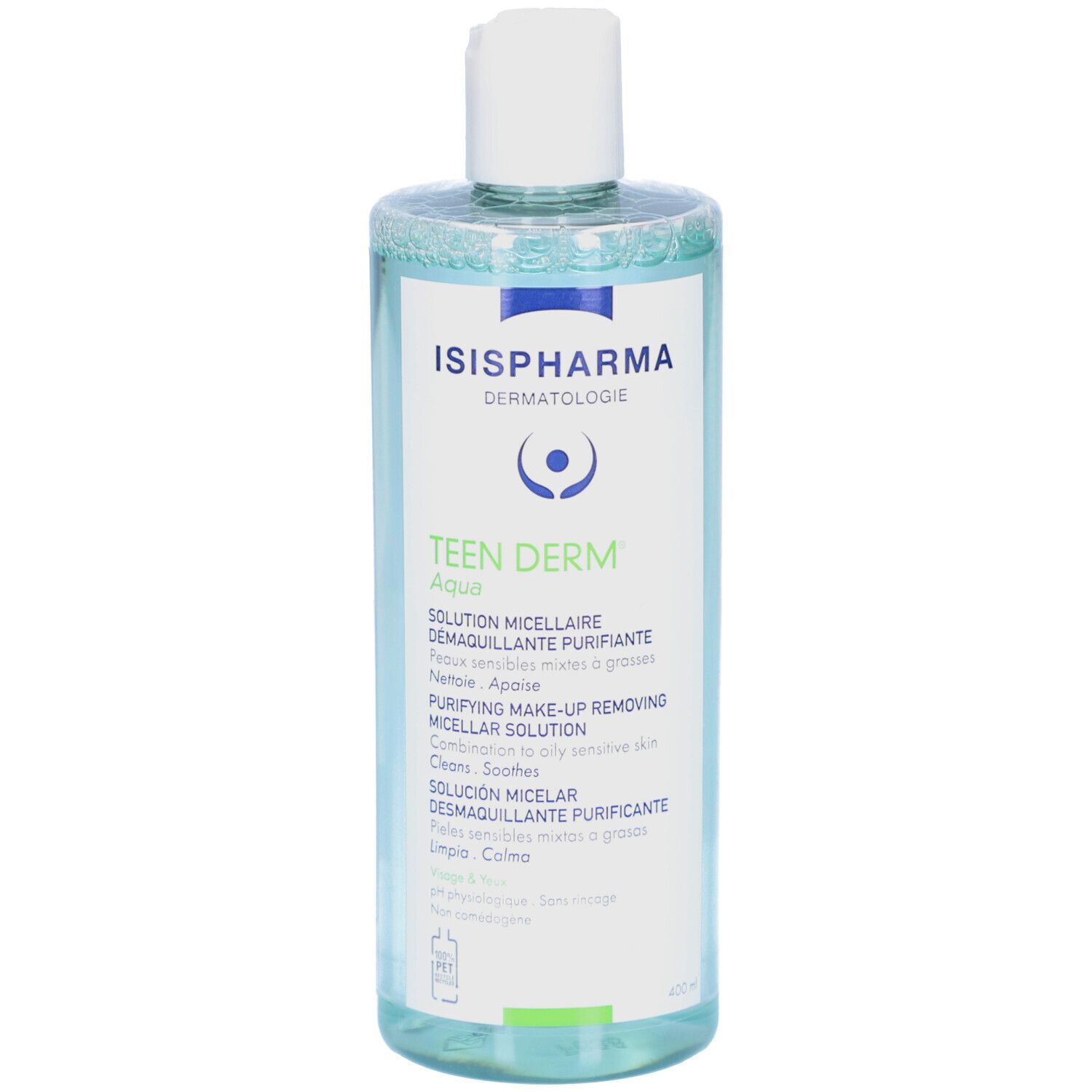 Flacon transparent avec bouchon blanc. Inscriptions: ISISPHARMA, Teen Derm Aqua. Description du produit en plusieurs langues.