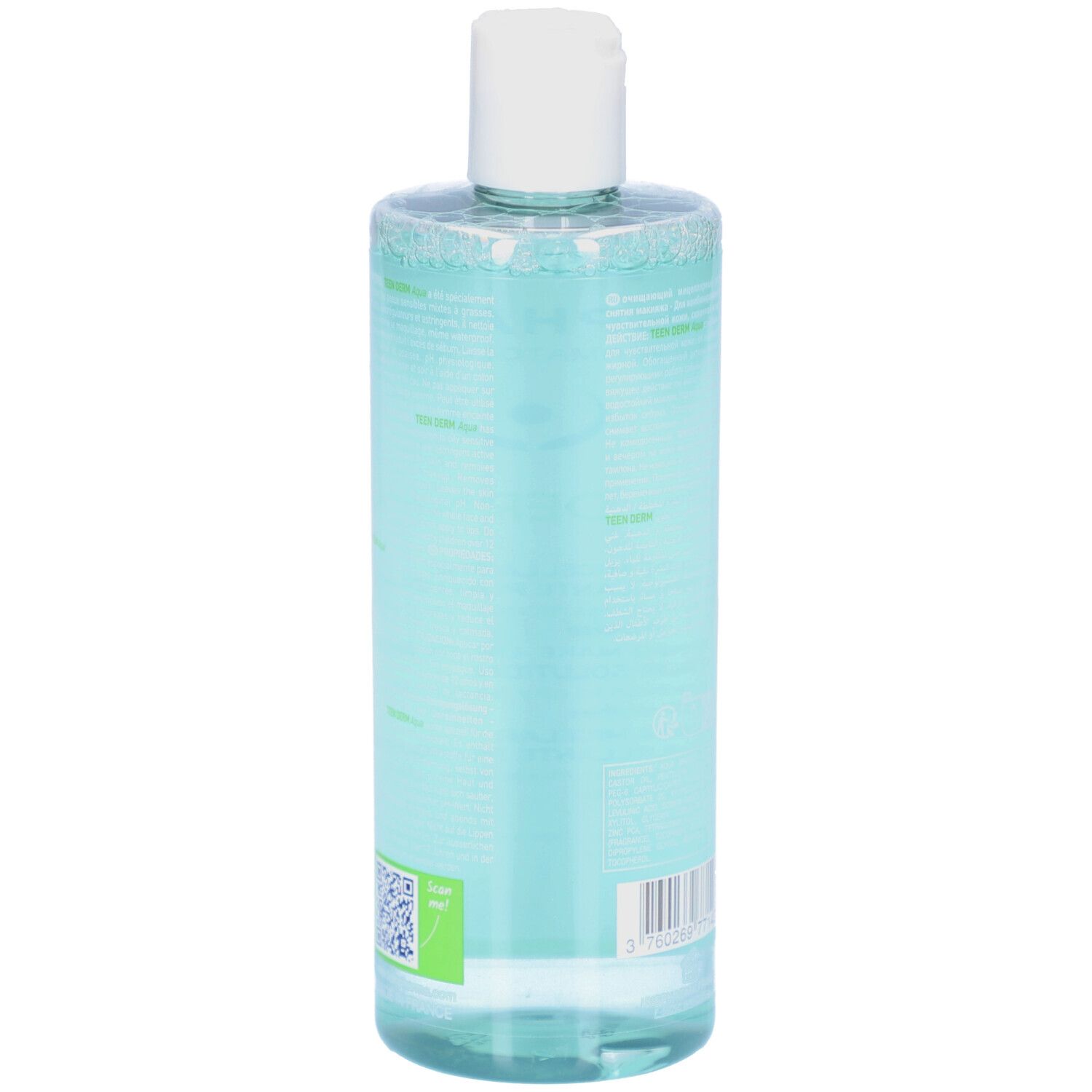 Dos d'un flacon transparent avec bouchon blanc. Texte multilingue. Code QR et code-barres.