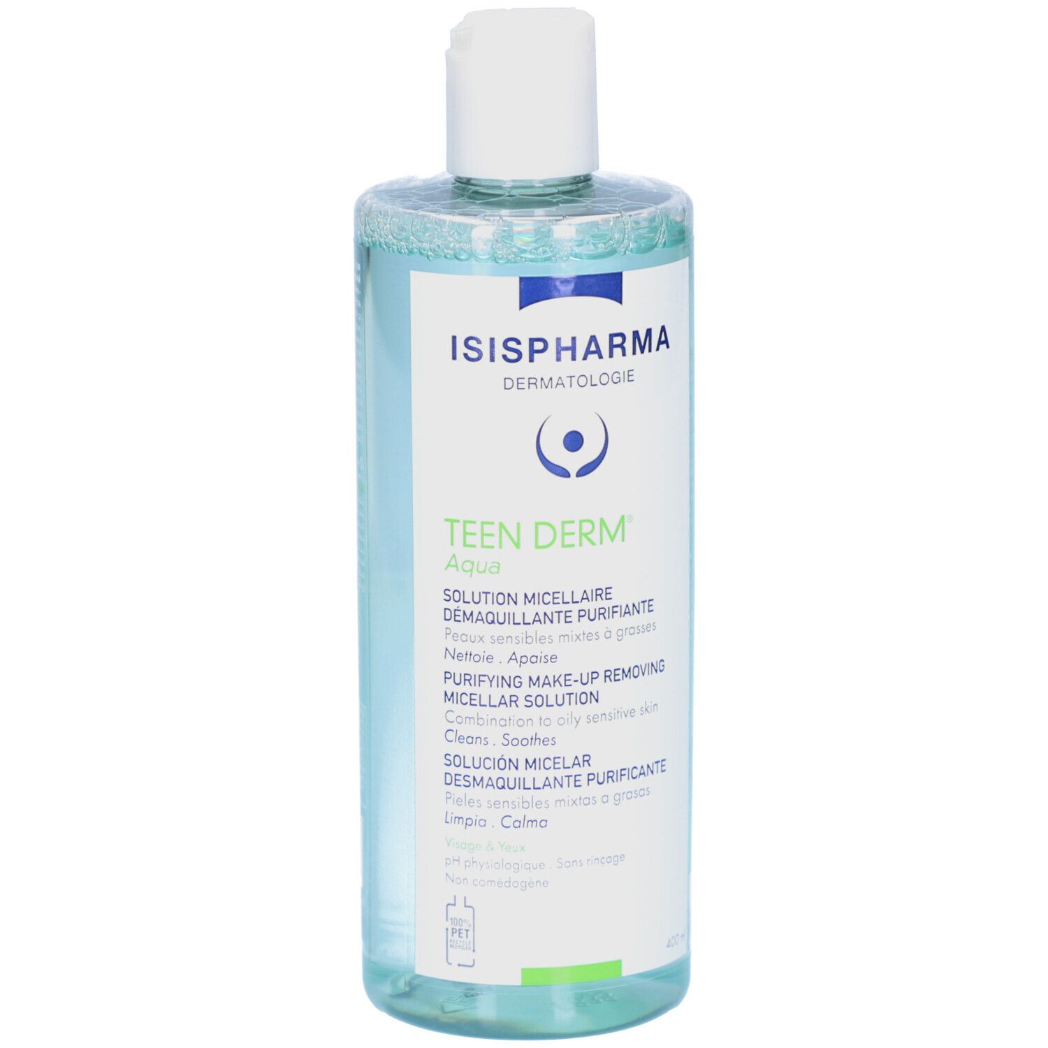 Flacon transparent avec bouchon blanc. Inscriptions: ISISPHARMA, Teen Derm Aqua. Description du produit en plusieurs langues.