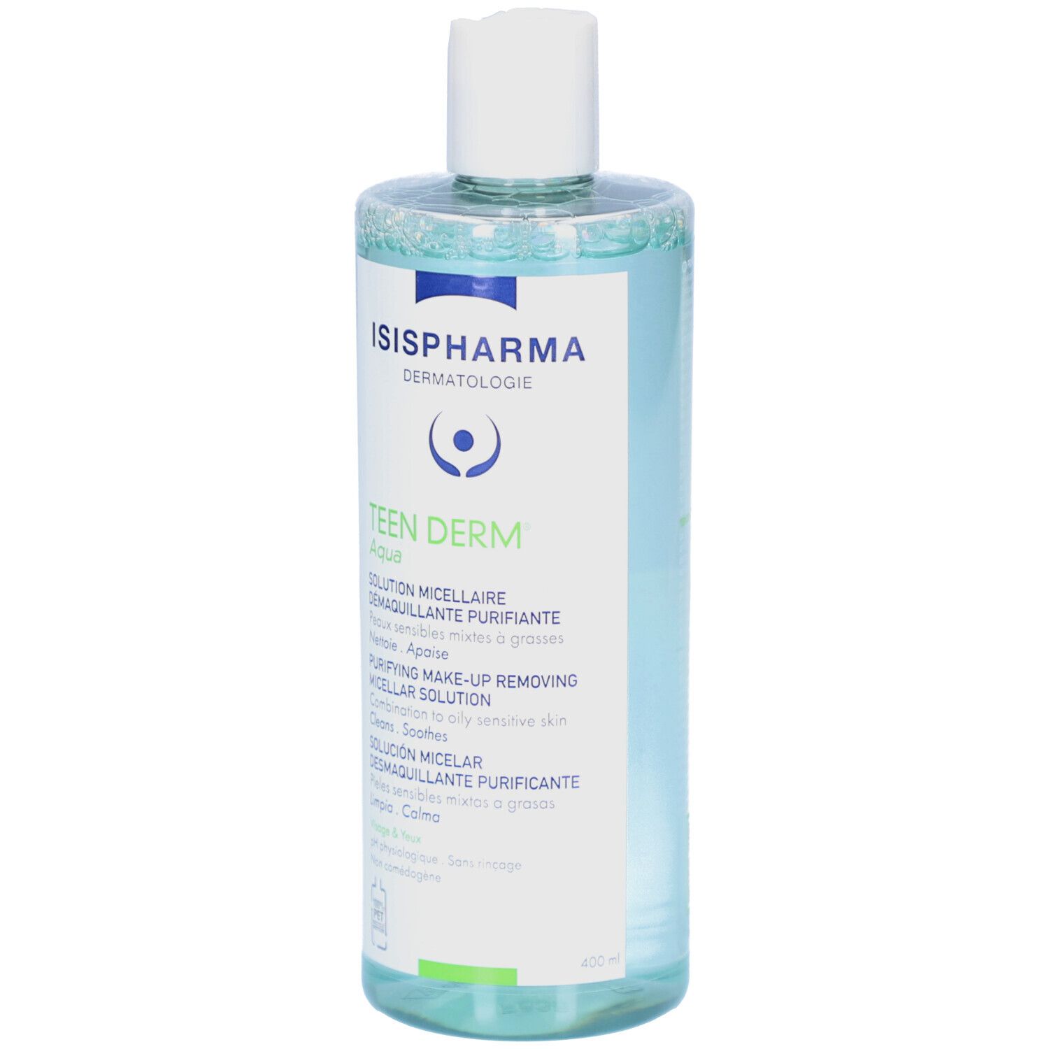 Flacon transparent avec bouchon blanc. Inscriptions: ISISPHARMA, Teen Derm Aqua. Description du produit en plusieurs langues.