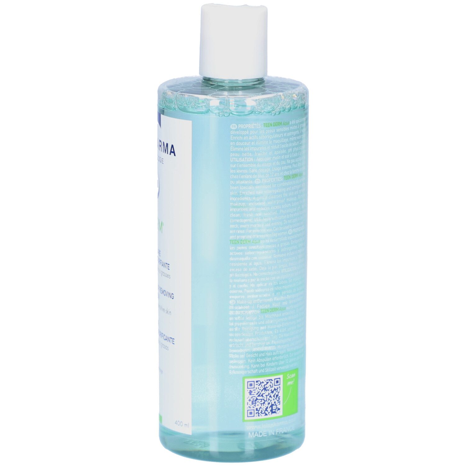 Dos d'un flacon transparent avec bouchon blanc. Texte multilingue. Code QR et code-barres.