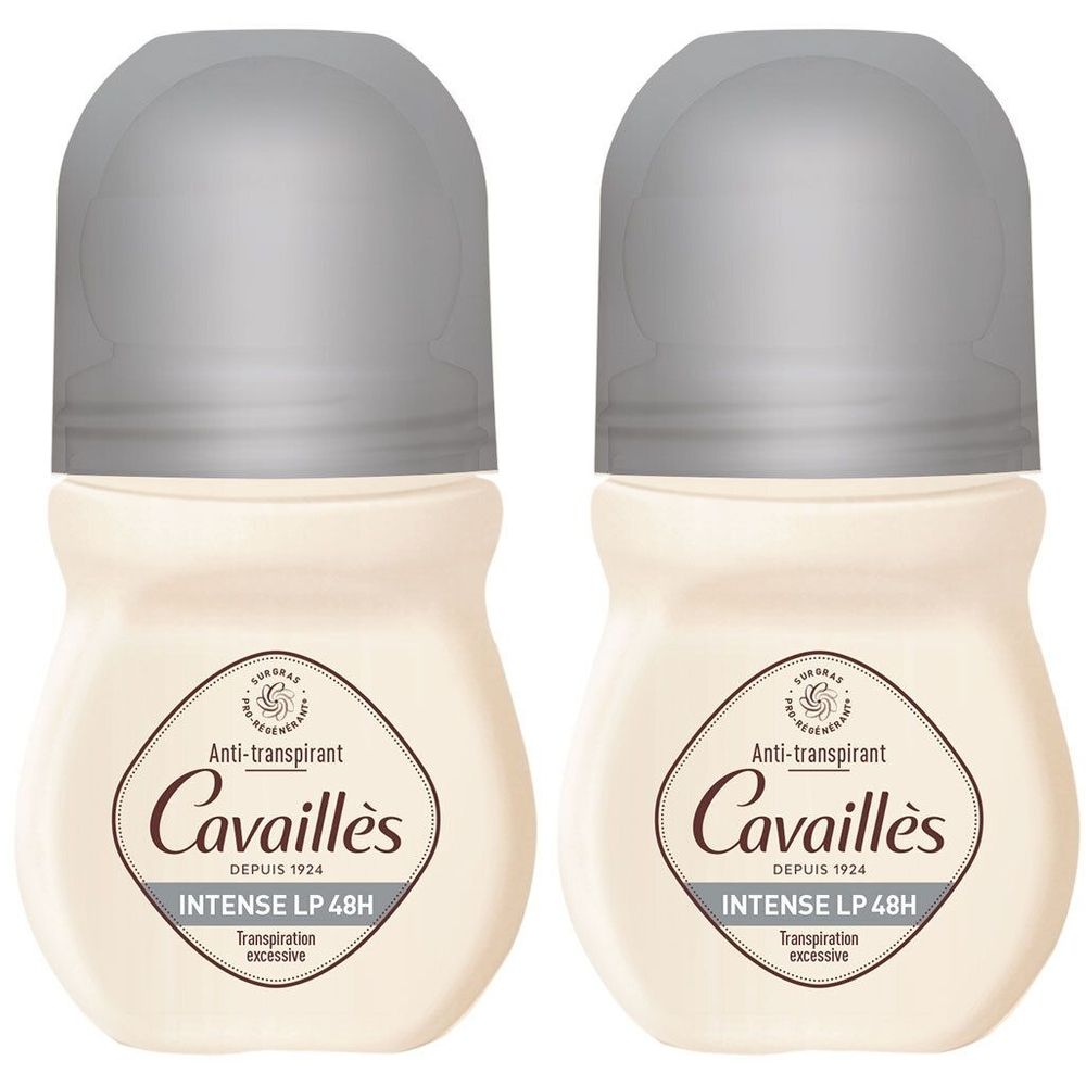 Deux déodorants roll-on avec bouchons argentés. Inscription: Cavaillès, Anti-transpirant, Intense LP 48H.