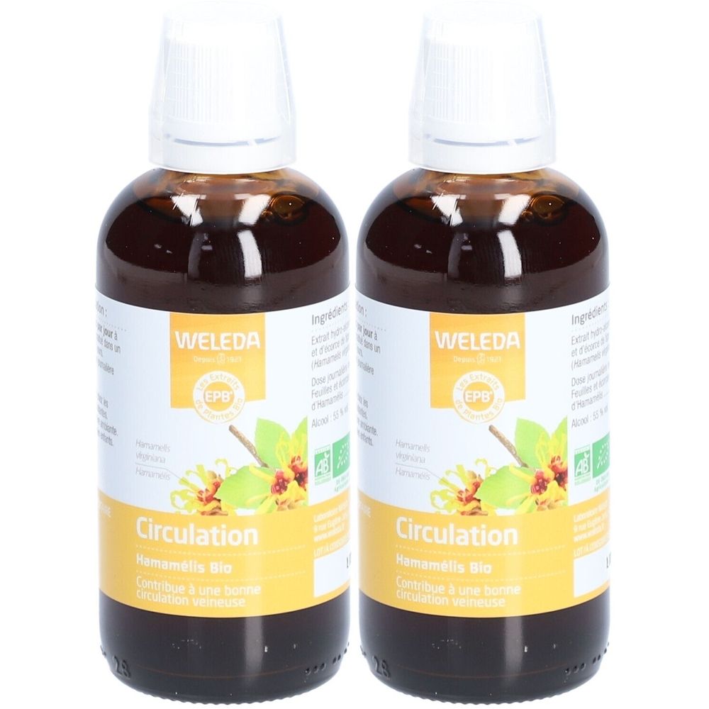 Deux flacons Weleda Extrait de Plante Bio Hamamélis Circulation. Liquide brun dans des flacons en verre avec bouchon blanc et étiquette.
