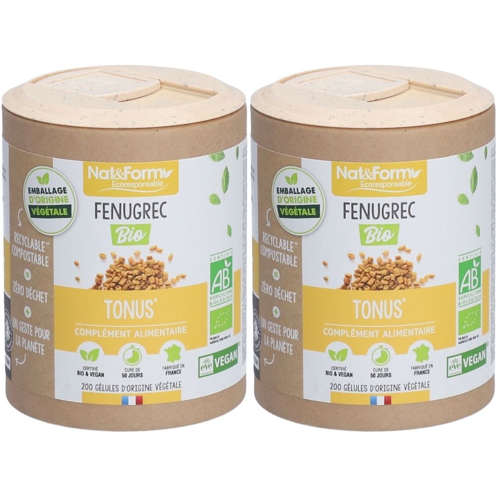 Deux boîtes cylindriques avec couvercles. Inscription : Nat&Form Fenugrec Bio, Tonus, complément alimentaire. Labels Vegan et Bio.