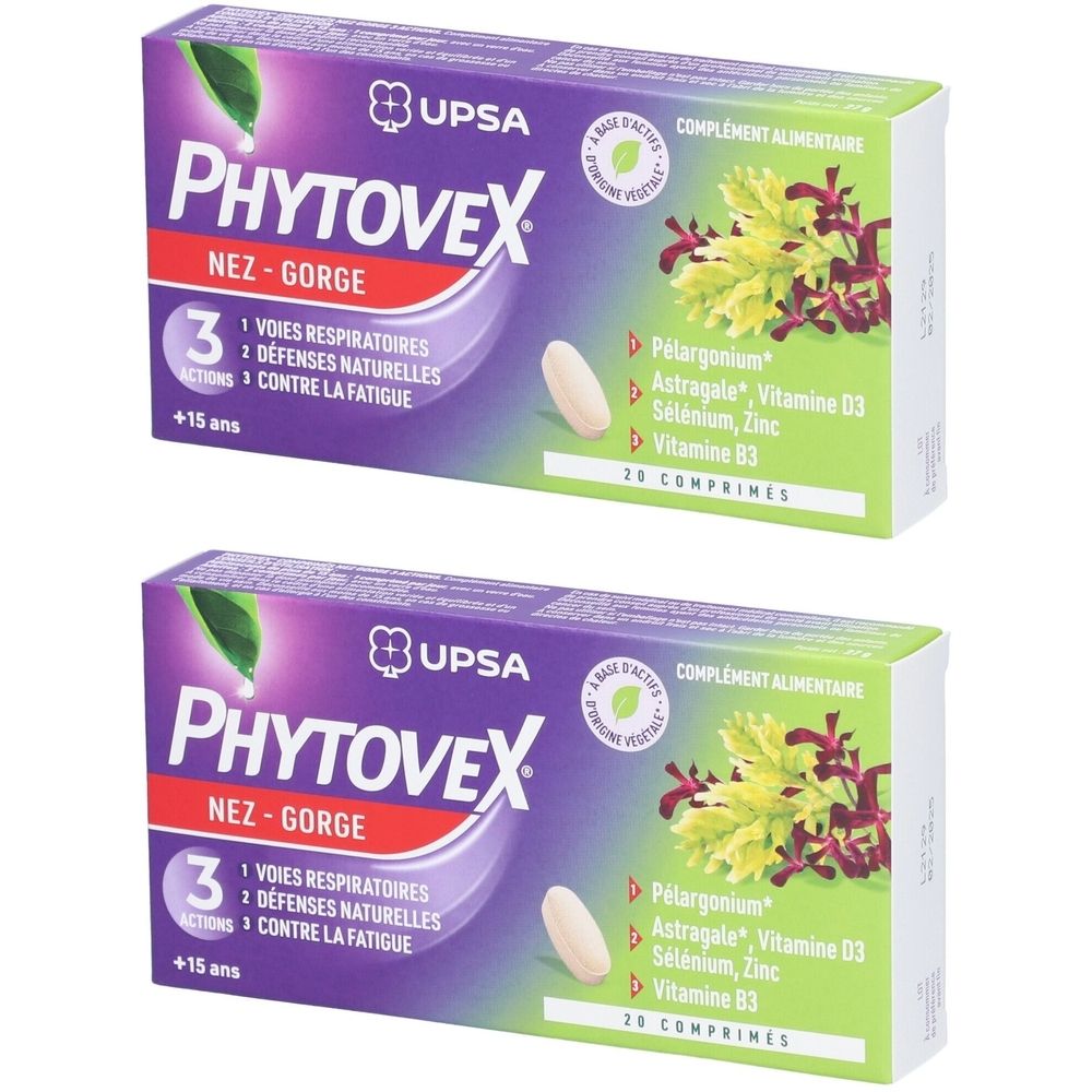 Phytovex Nez-Gorge 3 Actions UPSA, 20 comprimés - Adulte & Ado dès 15ans - Complément alimentaire Sans Gluten, ni Lactose - Gorge & Voies Respiratoires