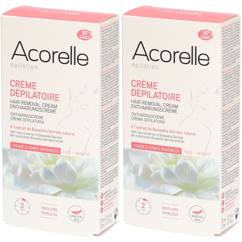 Deux boîtes de crème dépilatoire. Inscription: Acorelle, Crème Dépilatoire, pour visage et zones sensibles. Contient 80% d'ingrédients naturels.