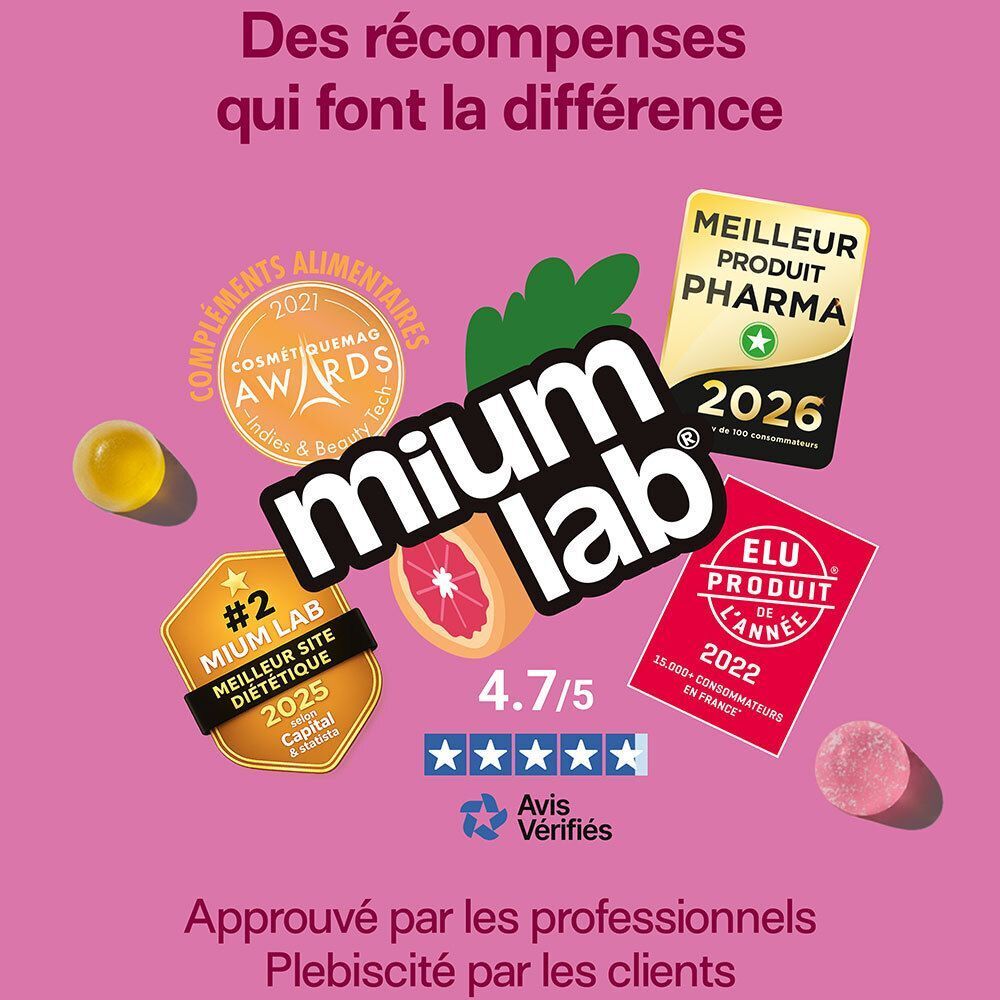 Logo Mium Lab et récompenses. Évaluation 4.7/5 étoiles. Texte: Meilleur produit pharma 2026, Elu produit 2022.