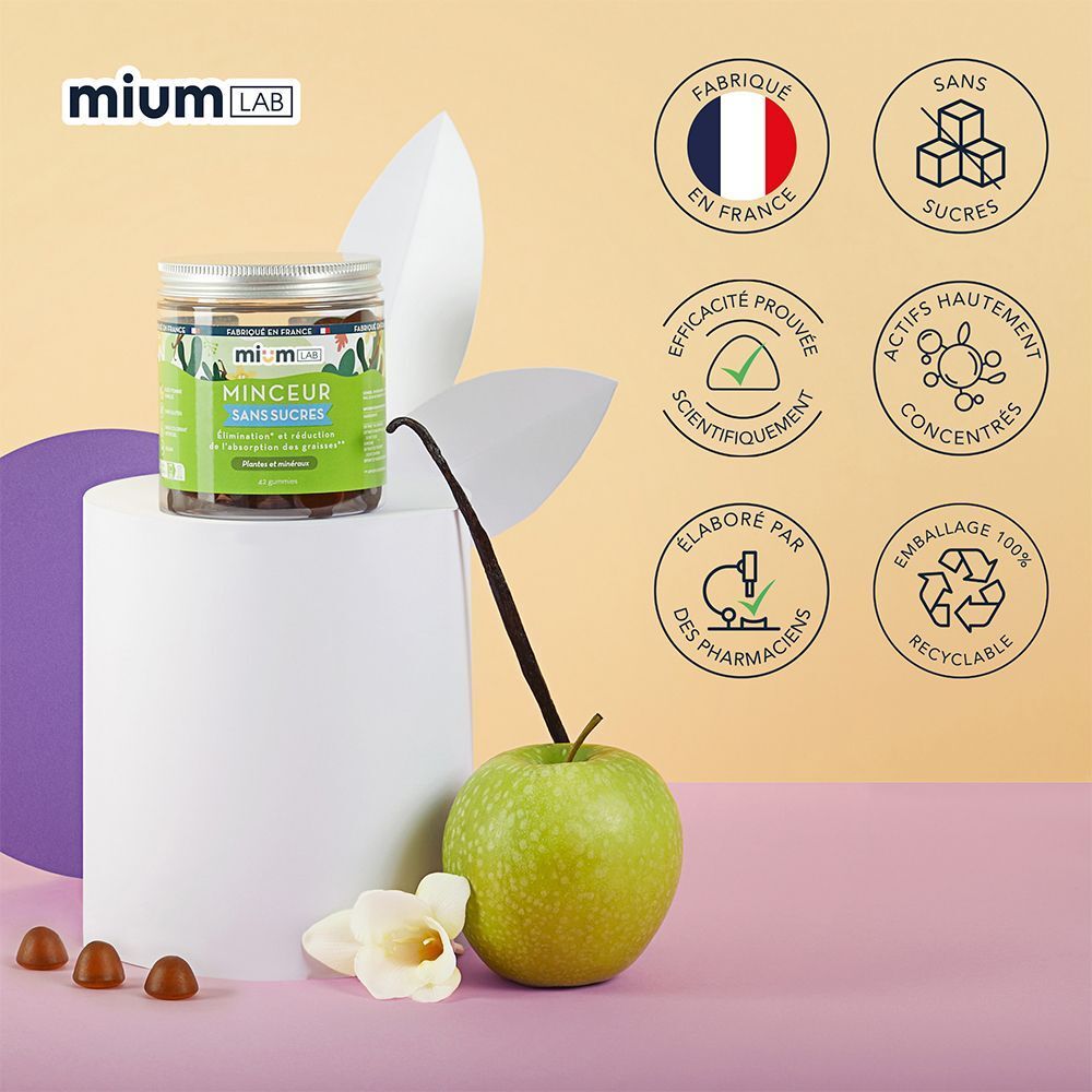 Mium Lab Gummies Minceur en pot. Étiquette verte, texte: Sans sucres. Pomme, gousse de vanille et gommes.