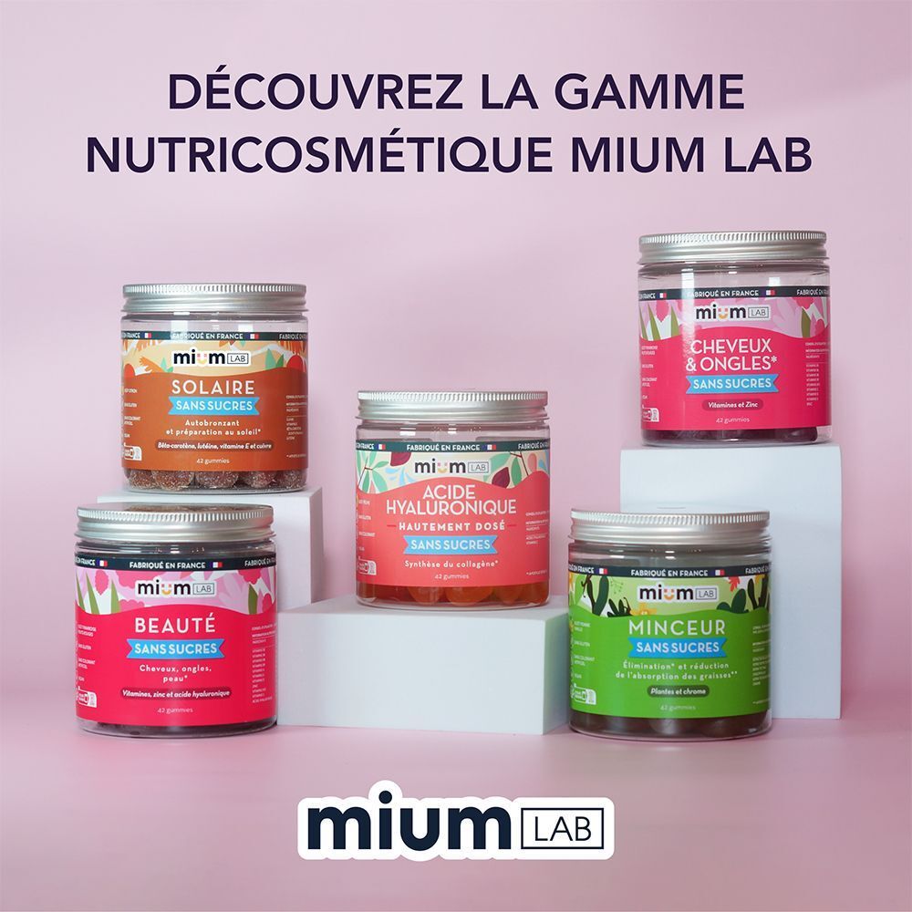 Différents produits Mium Lab en pots. Produits pour cheveux & ongles, beauté, acide hyaluronique et Minceur.