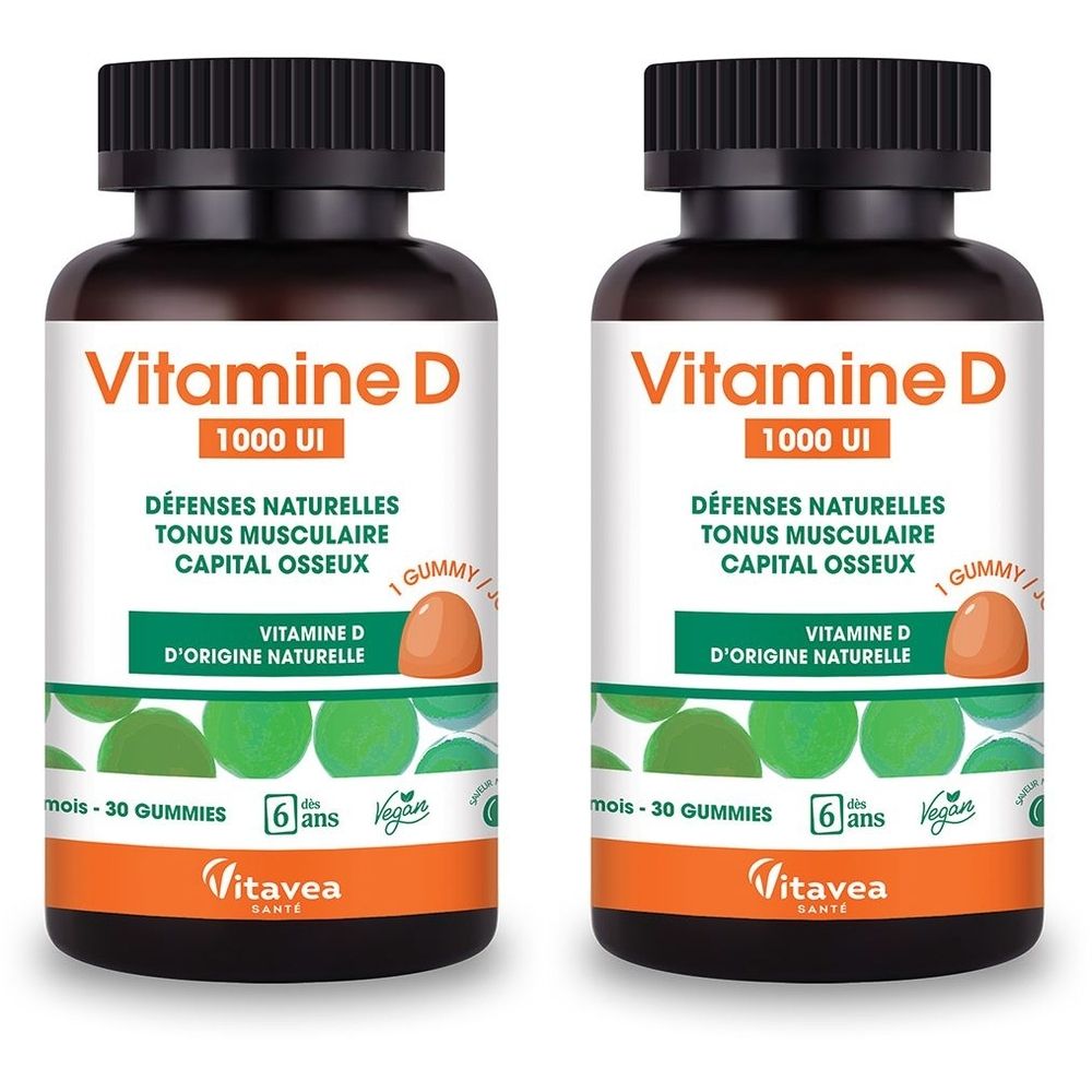 Deux flacons de Vitamine D Gummies. Inscription : Vitamine D, 1000 UI, Défenses naturelles, Tonus musculaire, Capital osseux. Marque : Vitavea.