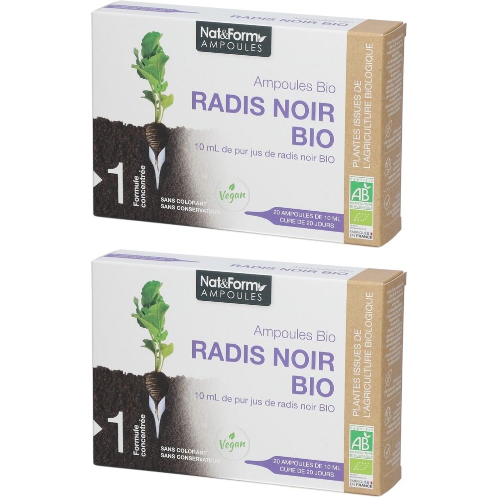 Deux boîtes de Nat & Form Ampoules Radis Noir Bio. Logo AB et Vegan. Contient 20 ampoules. Inscription: Plantes issues de l'agriculture biologique.