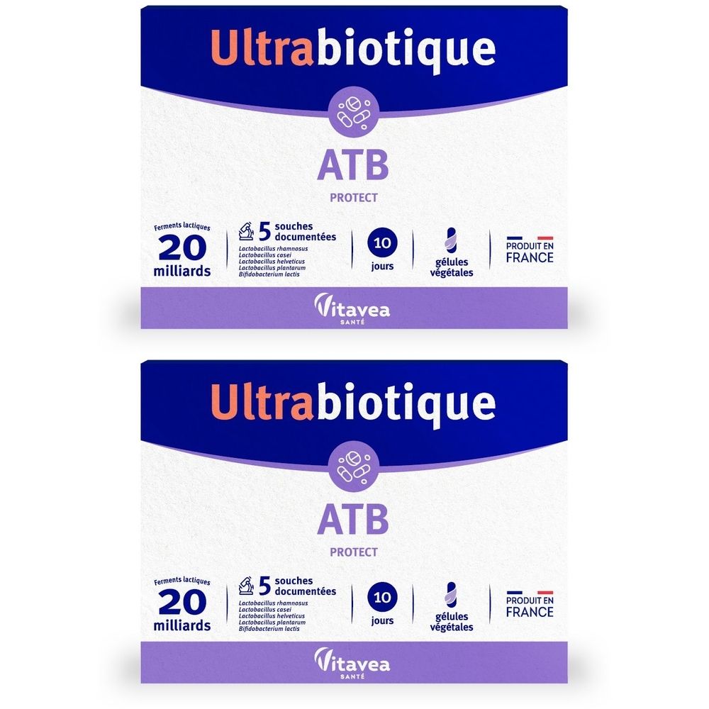 Deux boîtes de ULTRABIOTIQUE ATB Protect. Emballage bleu avec texte blanc. Contient 20 milliards, 5 souches documentées, 10 jours.