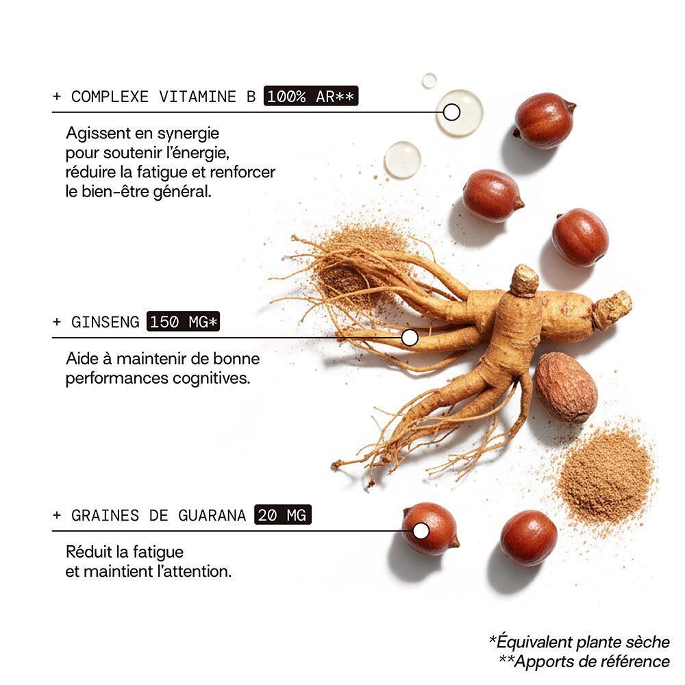 Ingrédients : Ginseng, guarana, complexe de vitamine B. Inscriptions : Aide à maintenir les performances cognitives, réduit la fatigue.