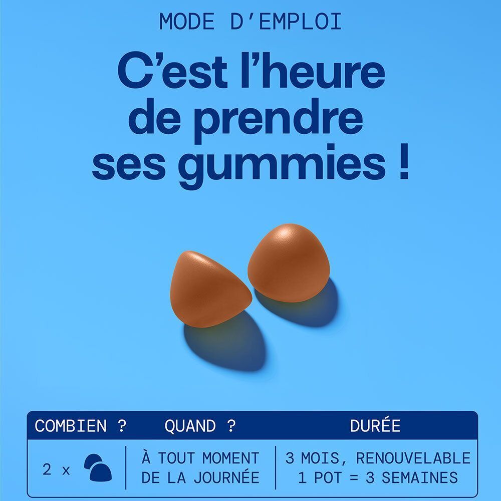 Deux gummies oranges. Texte : Mode d'emploi : 2 gummies, à tout moment, pendant 3 mois.