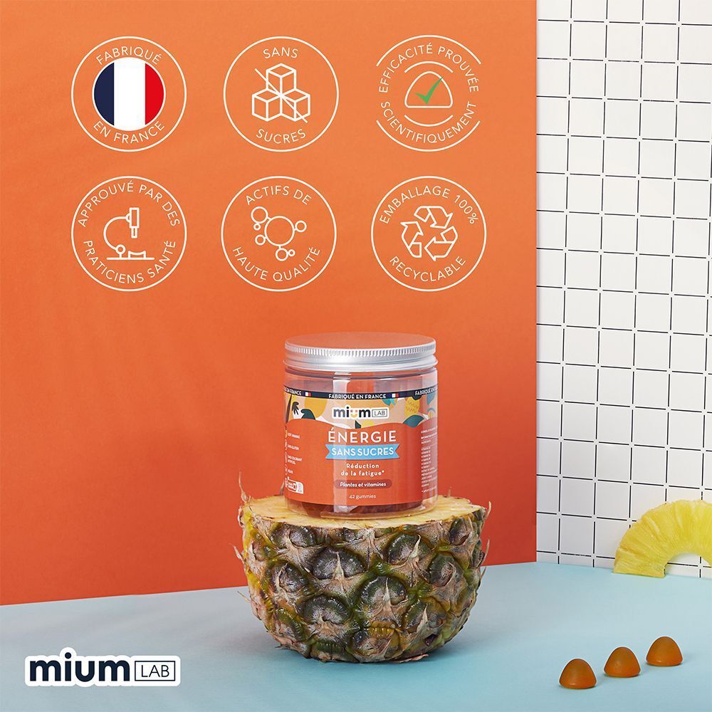 Un pot de Mium Lab Gummies Énergie sur un ananas, entouré d'icônes.