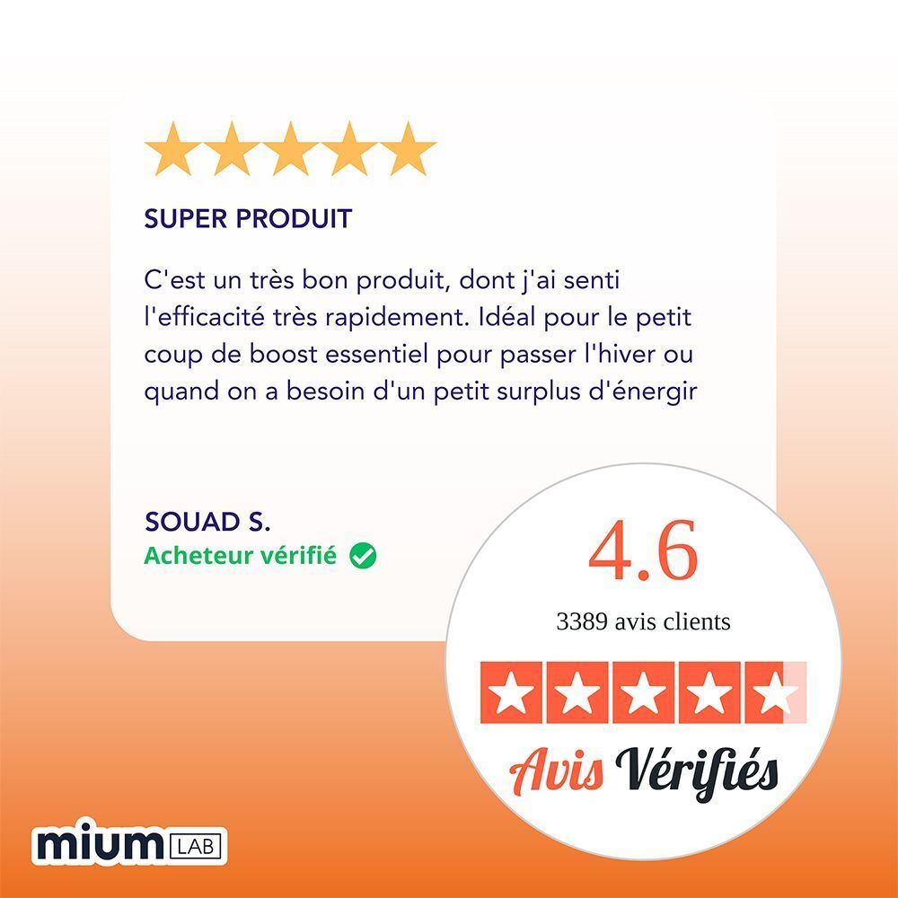 Évaluation : 4,6 étoiles sur 5. Texte : Super produit. Acheteur vérifié. Marque : mium lab.