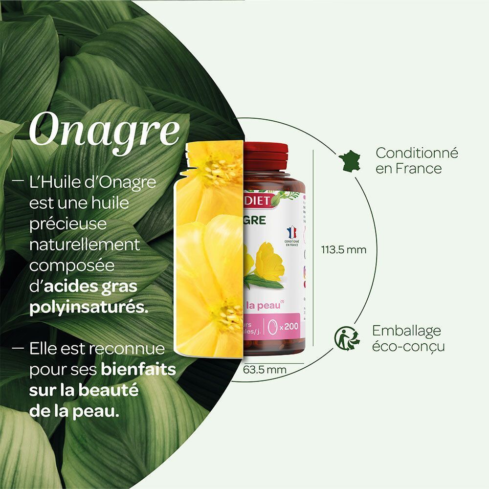 Flacon SUPERDIET Onagre Bio, dimensions 113,5 mm H x 63,5 mm L, conditionné en France.