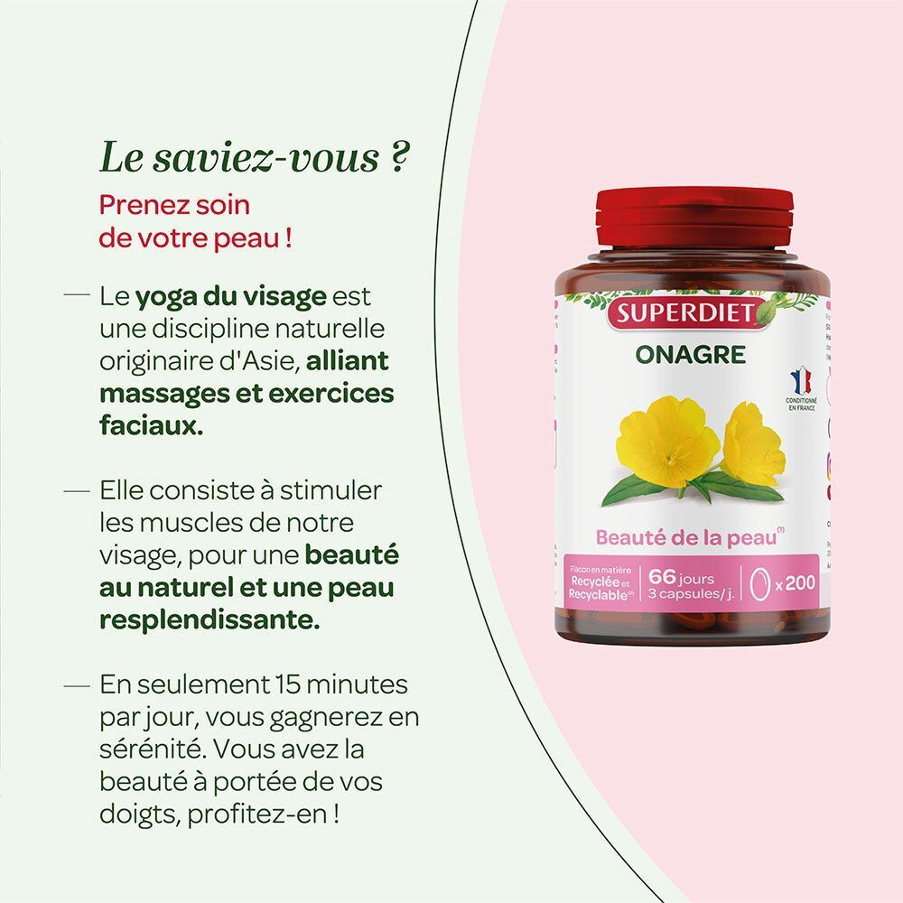 Flacon SUPERDIET Onagre Bio, informations sur la beauté de la peau et le cycle menstruel.