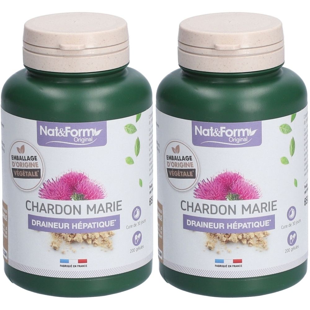 Deux flacons verts avec couvercles beiges. Inscription: Nat&Form, CHARDON MARIE, DRAINEUR HÉPATIQUE. Emballage d'origine végétale.