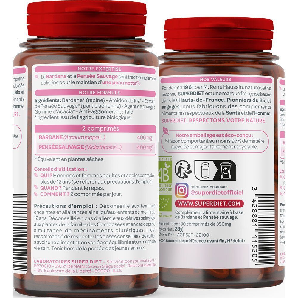Vue arrière et avant d'un flacon SUPERDIET Bardane Pensée sauvage Bio. Contient des informations détaillées sur le produit et les ingrédients.