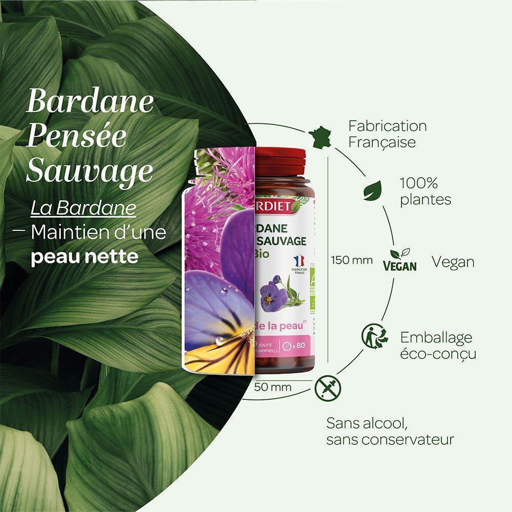 Flacon SUPERDIET Bardane Pensée sauvage Bio à côté de feuilles stylisées. Fabrication française, 100% plantes, Vegan, Éco-conçu.
