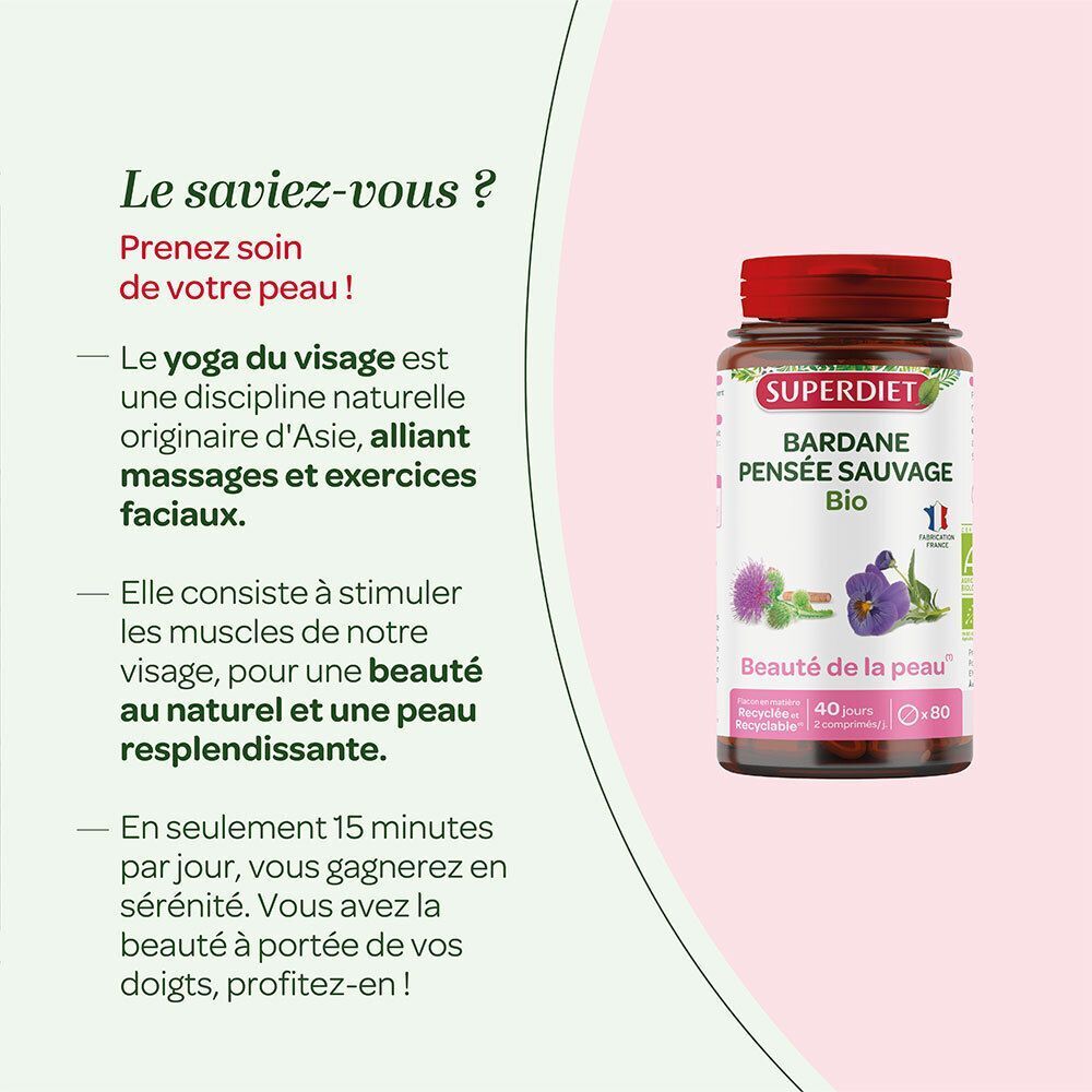 Flacon SUPERDIET Bardane Pensée sauvage Bio à côté de texte sur le yoga du visage et les soins de la peau.