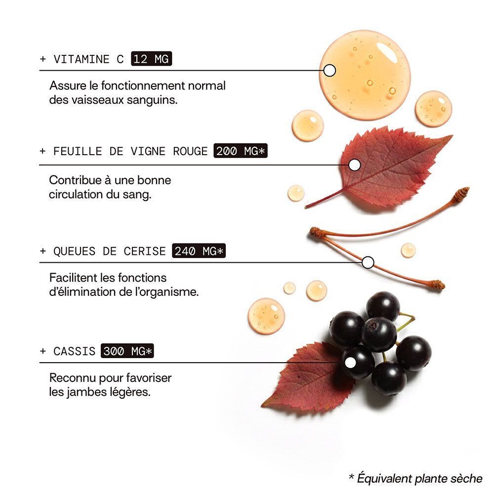 Graphique avec ingrédients. Vitamine C, feuille de vigne rouge, queues de cerise, cassis. Texte avec quantités.