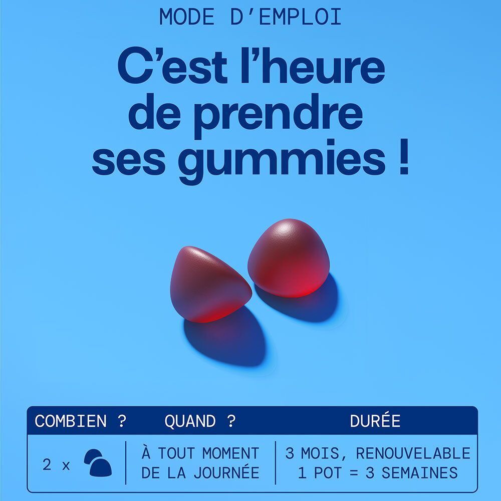 Deux gummies rouges sur fond bleu avec des instructions de prise.