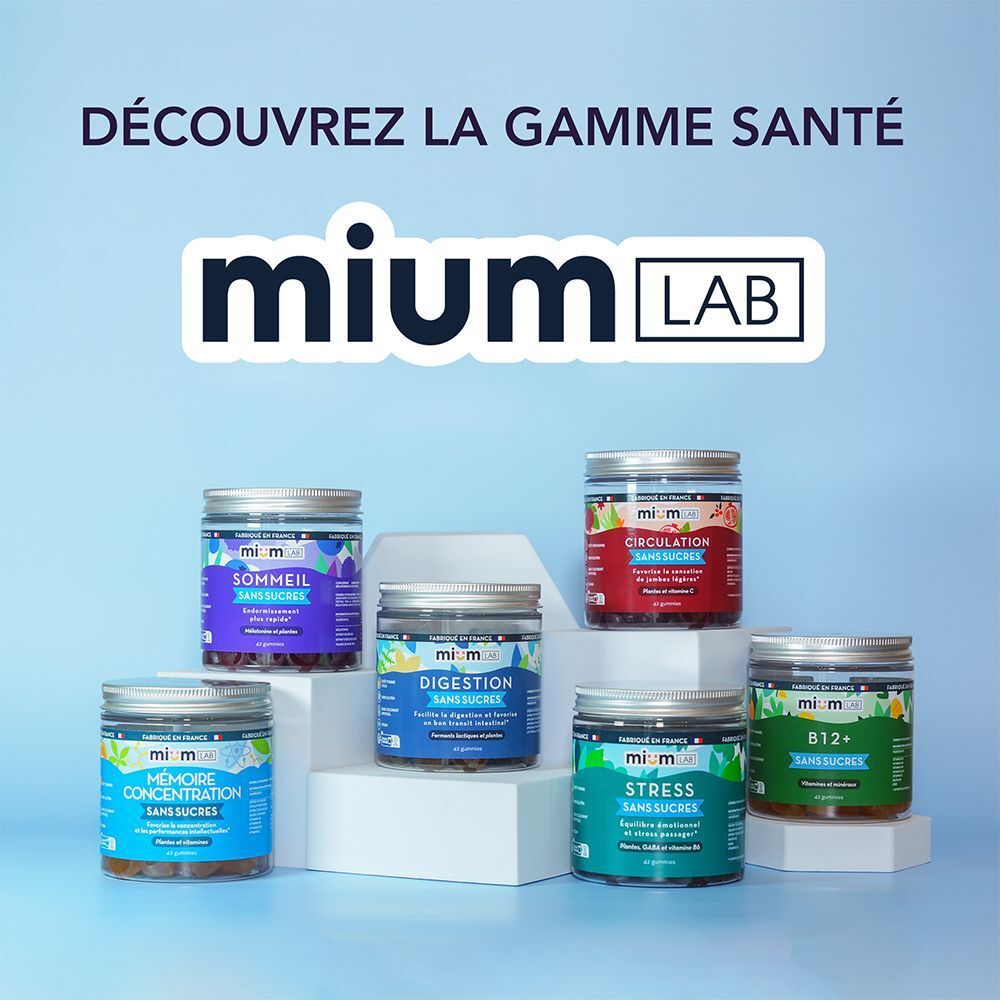 Différents pots de gummies. Inscription: mium LAB. Produits: sommeil, digestion, stress, concentration, circulation.