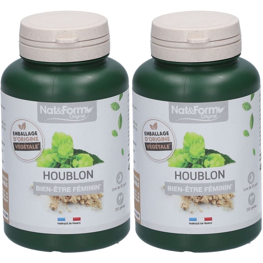 Deux flacons verts avec bouchons blancs. Étiquettes avec "HOUBLON BIEN-ÊTRE FÉMININ" et "Nat&Form".