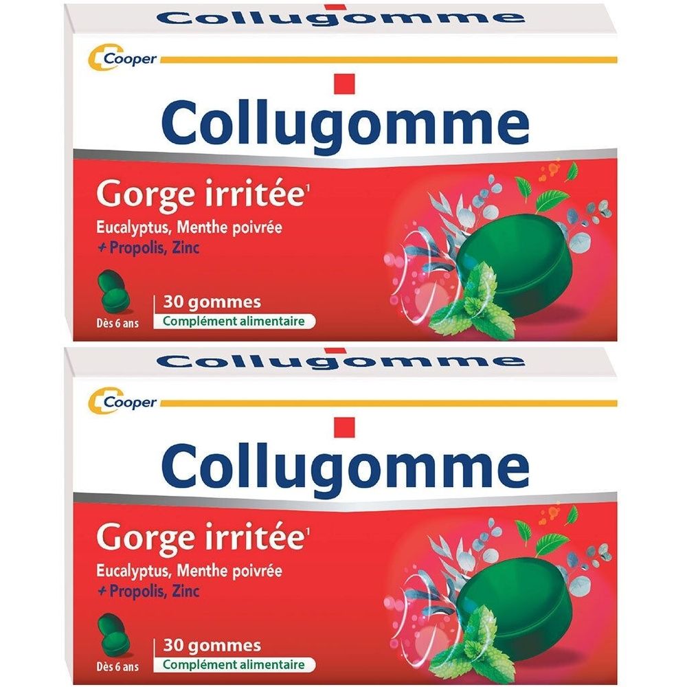 COLLUGOMME - Complément alimentaire avec édulcorants à base d'huiles essentielles d'eucalyptus et de menthe poivrée, de zinc et de propolis