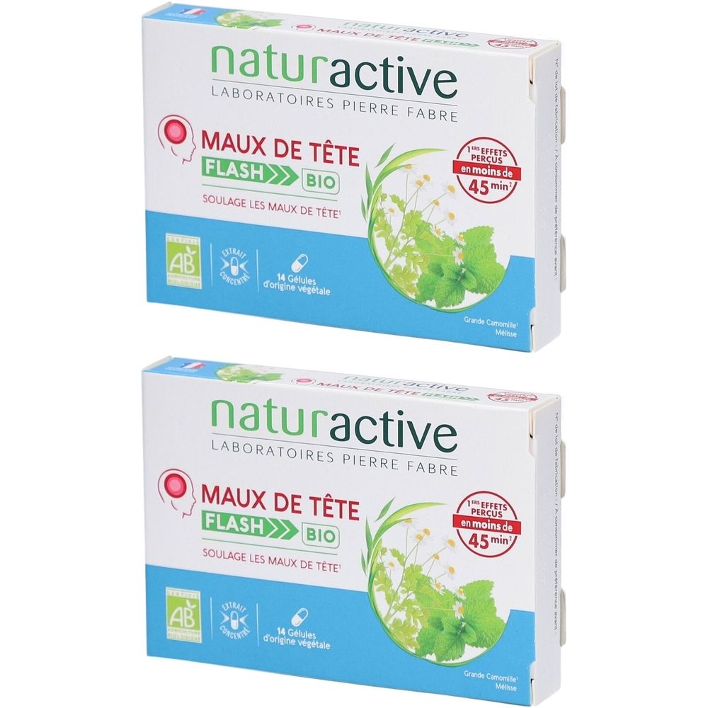 Deux boîtes de Naturactive Maux de Tête Flash Bio. Inscription : "SOULAGE LES MAUX DE TÊTE". Avec label AB et 14 gélules.