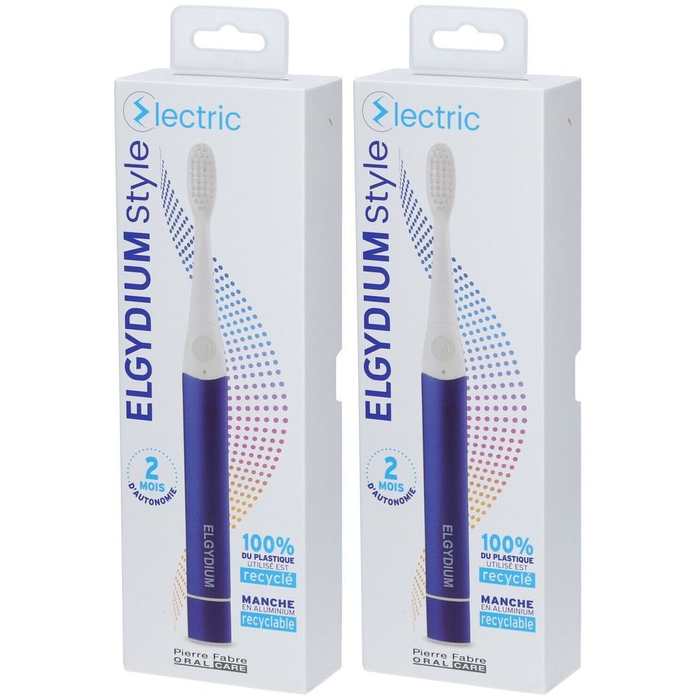 Deux brosses à dents électriques dans des boîtes blanches. Manches bleues, têtes blanches. Texte: ELGYDIUM Style, 2 mois d'autonomie, 100% plastique recyclé.