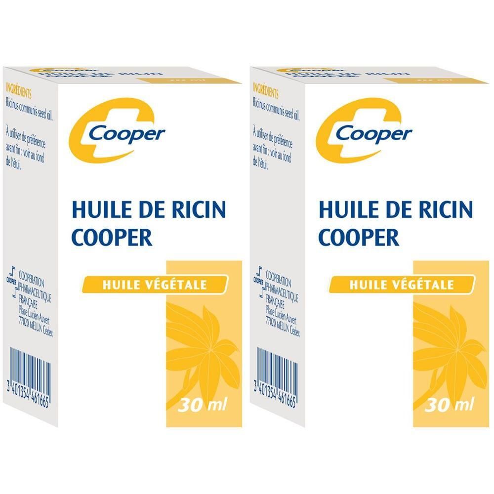 Deux boîtes de Cooper Huile de Ricin. Blanc, jaune et bleu. Inscription : Huile de Ricin Cooper, 30 ml.