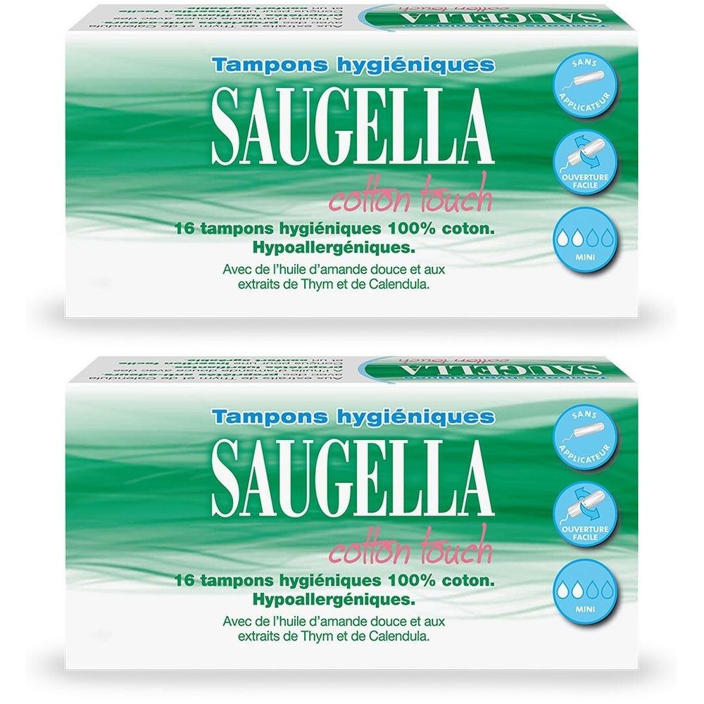 Saugella - Cotton Touch - Tampons Hygiéniques sans Applicateur - Flux Légers- 100% Coton - Hypoallergéniques, Confort et Sécurité - Enrichis en Thymol et en Huile d'Amande Douce - Pack de 16