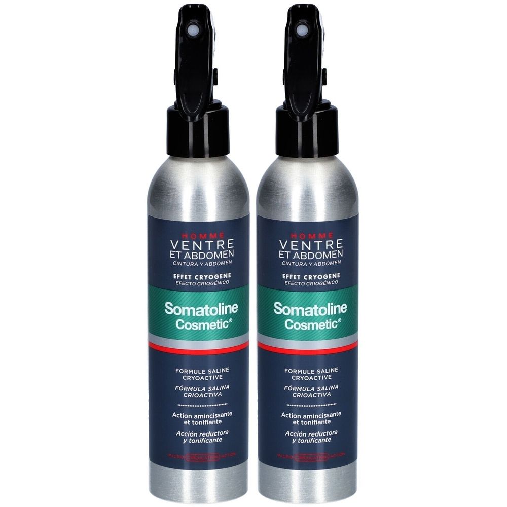 Deux flacons spray Somatoline Cosmetic Homme Ventre et Abdomen effet cryogène.