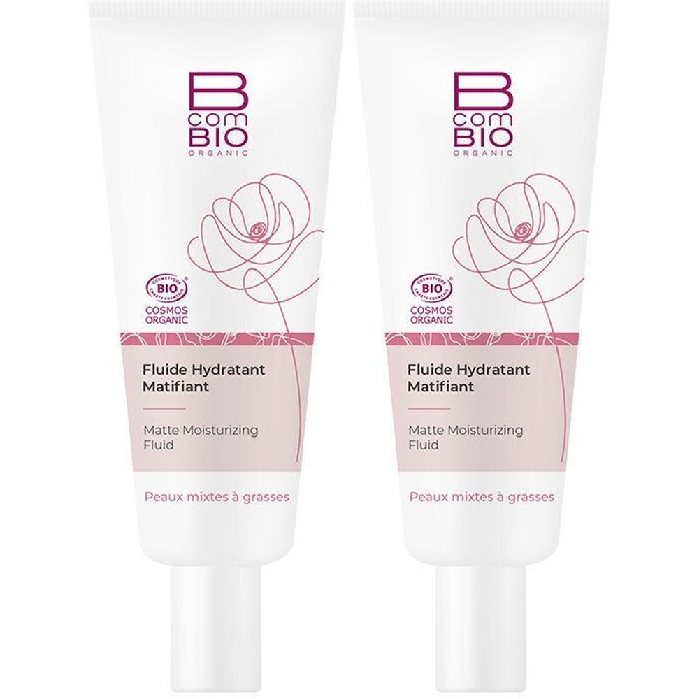 Deux tubes blancs. Inscription : B com BIO, Fluide Hydratant Matifiant, certification Cosmos Organic.