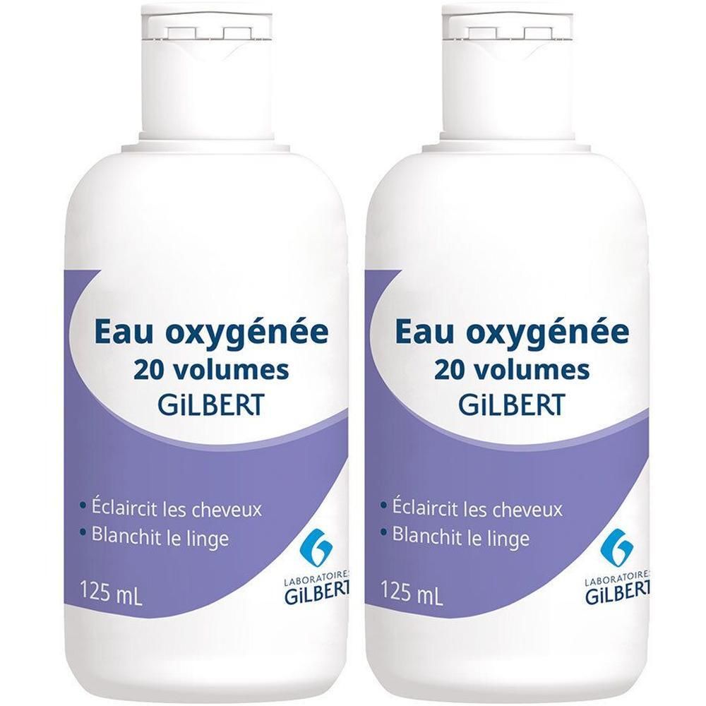 Deux flacons blancs GILBERT Eau oxygénée 20 volumes, 125 ml.