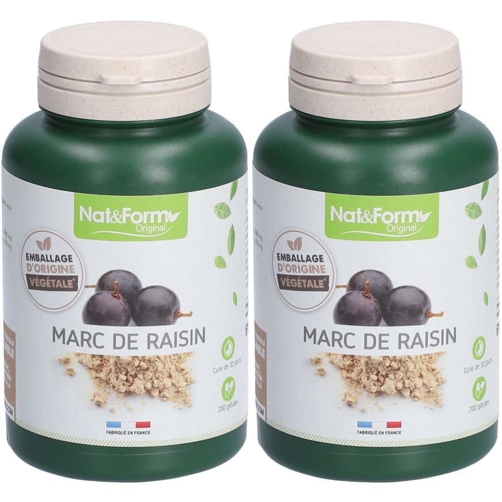 Deux flacons verts avec bouchons blancs. Inscription: Nat&Form, Marc de Raisin. Emballage d'origine végétale. Fabriqué en France.