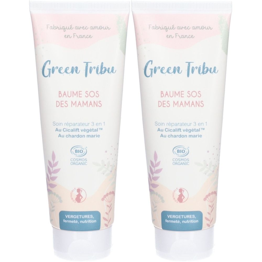 Deux tubes de crème. Inscription: Green Tribu, Baume SOS des Mamans, Bio. Certifié Bio Cosmos Organic.