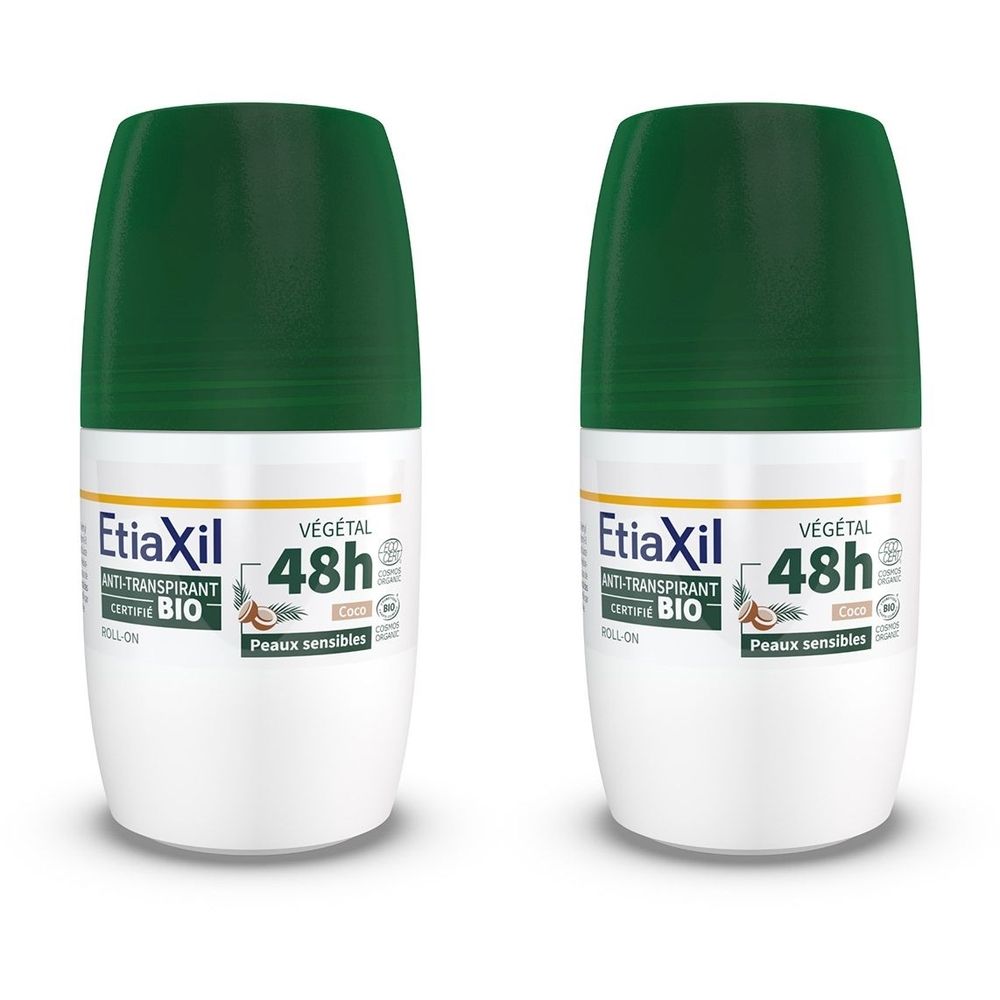 ETIAXIL - Déodorant Anti-transpirant Végétal - Transpiration Modérée - Certifié Bio - Aisselles - 48h - Parfum Coco - Roll On - 50 ml