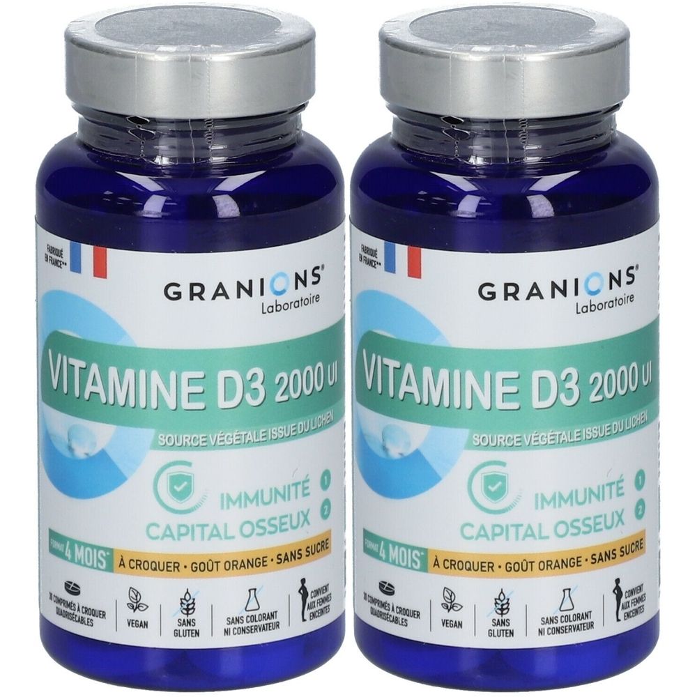 Deux flacons de GRANIONS® Vitamine D3 2000 UI. Flacons bleus, bouchons argentés, étiquettes blanches. Texte: Vitamine D3, immunité, capital osseux.